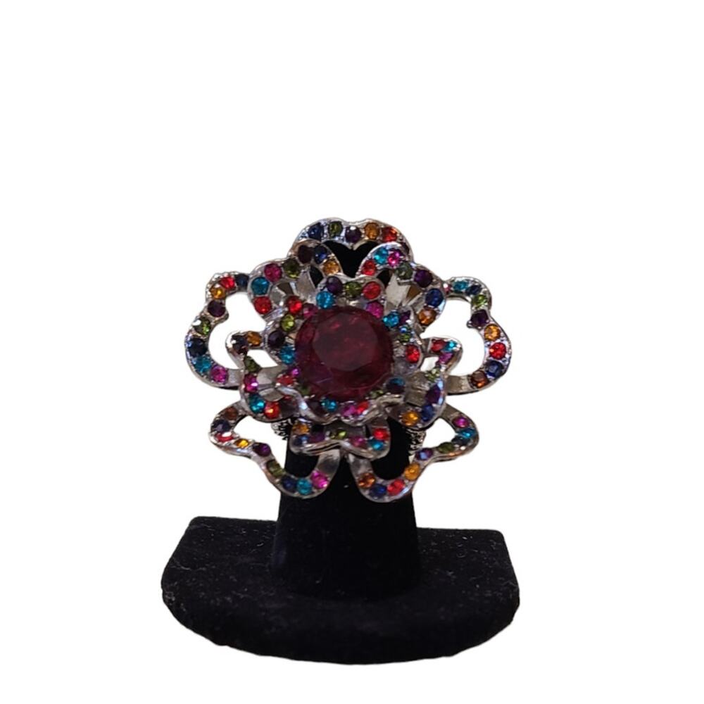 Rhinestone Flower Multicolor Statement Ring, Adju… - image 1
